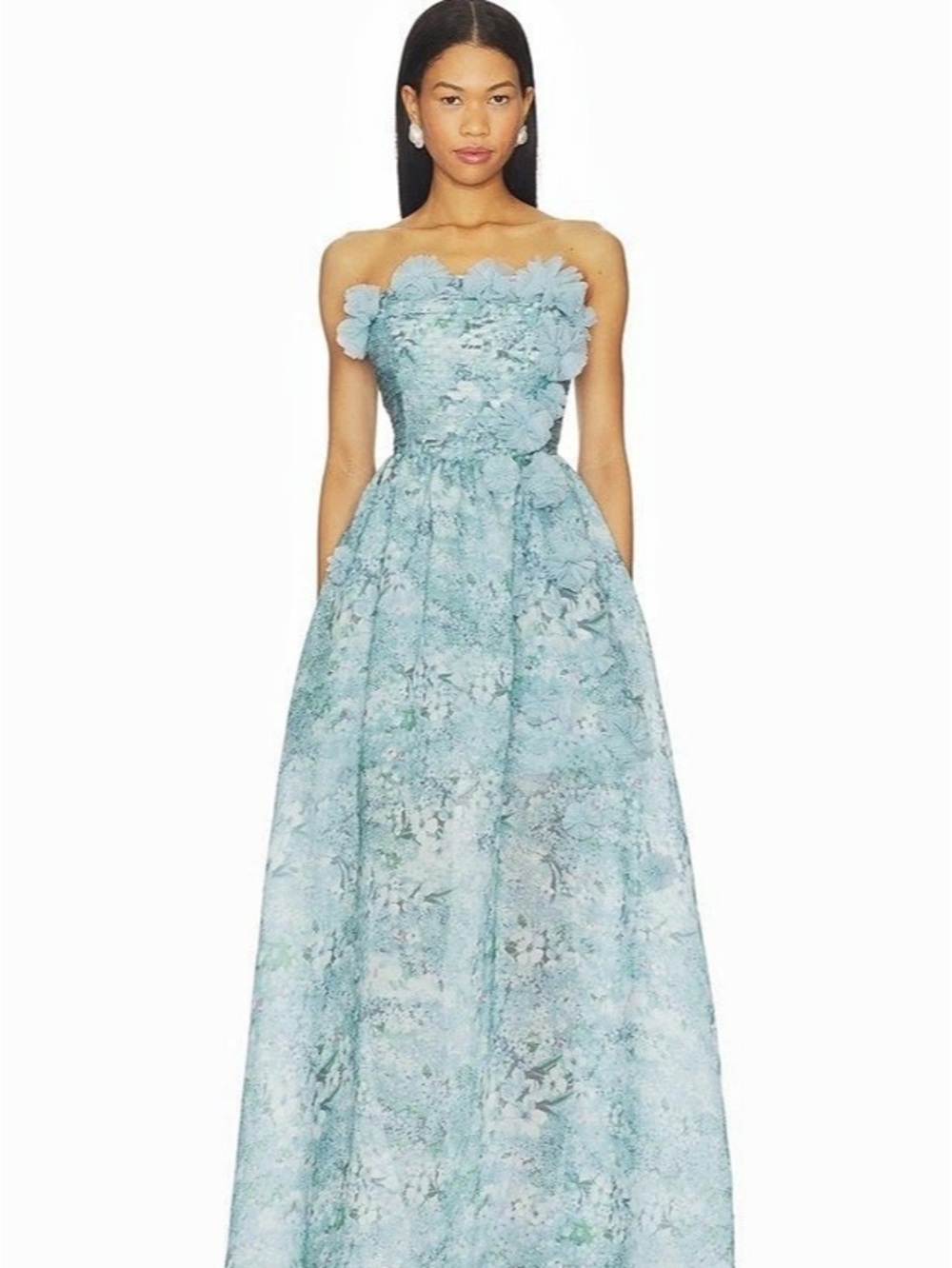 Mac Duggal Ieena for Mac Duggal Strapless Floral Organza Tiered Gown with Bow